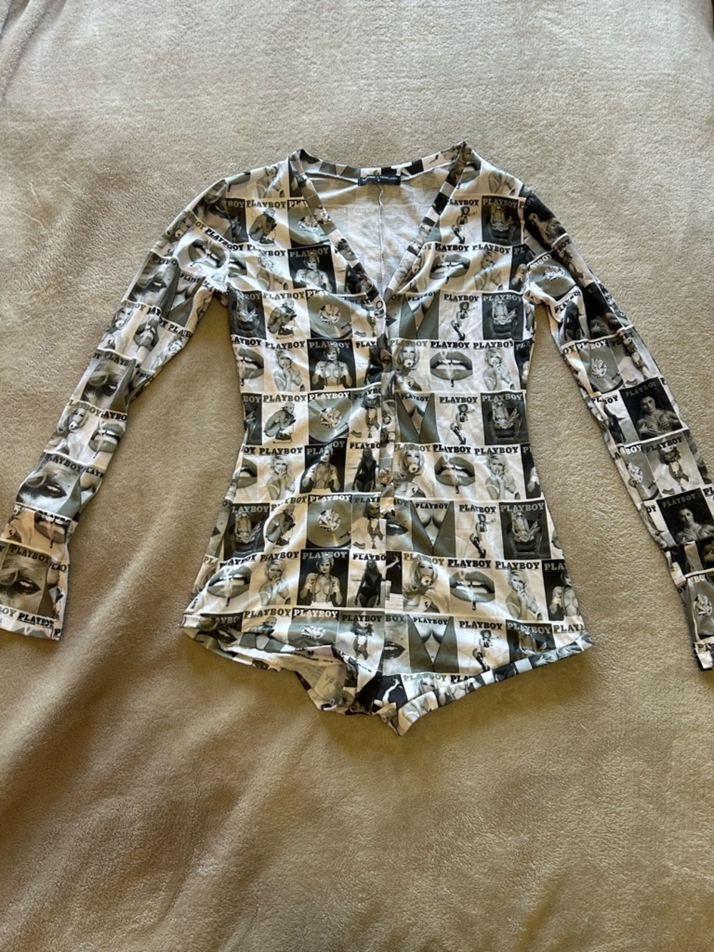 PLAYBOY Black and White Photo-Print Long-Sleeve Bodysuit